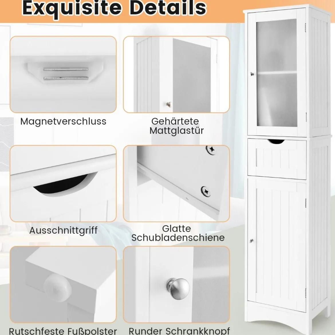 Badezimmerschrank mit 2 Türen & 1 Schublade Freistehender Hochschrank 40 x 30 x 170 cm