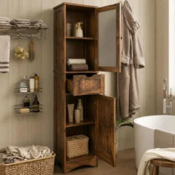 Badezimmerschrank mit 2 Türen & 1 Schublade Freistehender Hochschrank 40 x 30 x 170 cm