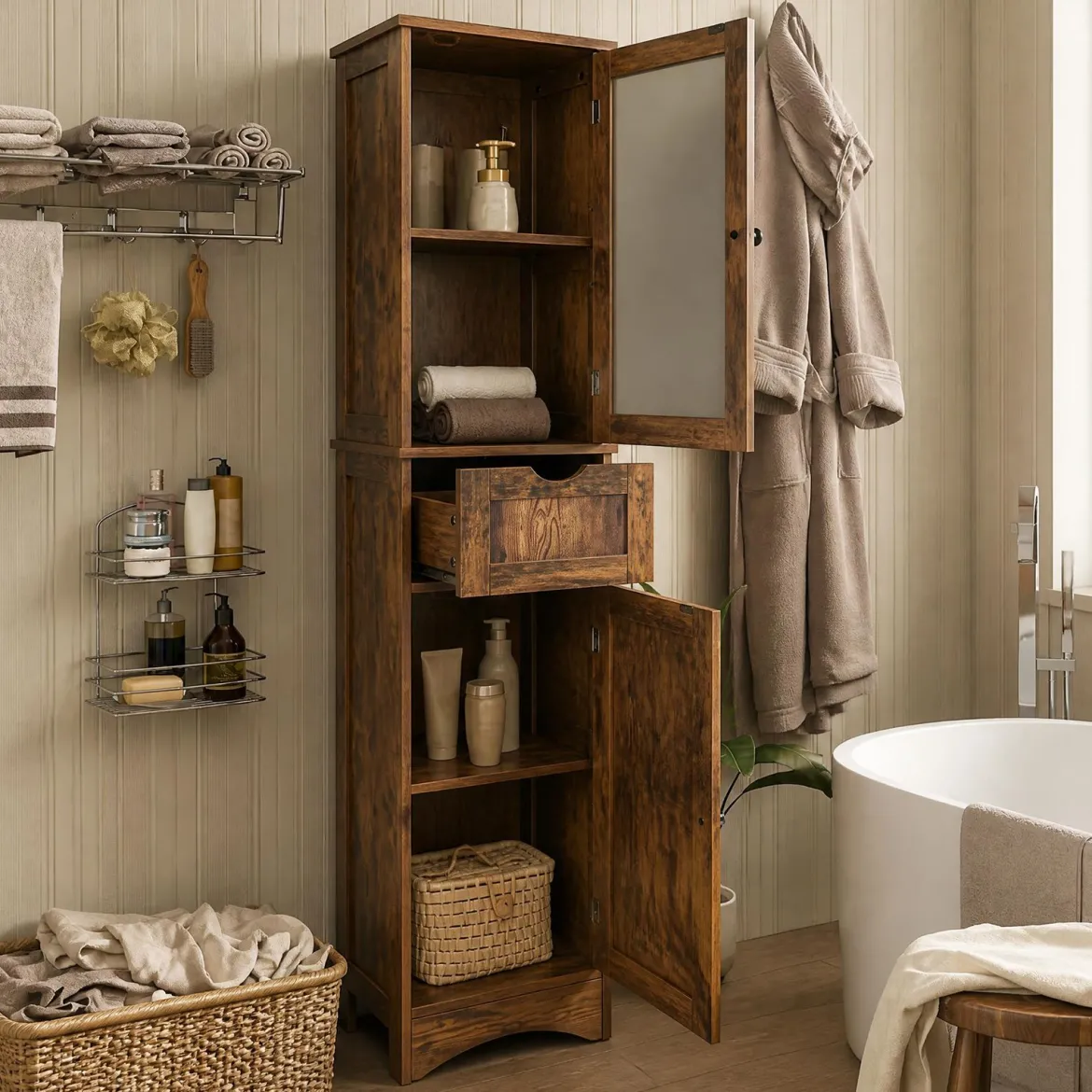 Badezimmerschrank mit 2 Türen & 1 Schublade Freistehender Hochschrank 40 x 30 x 170 cm