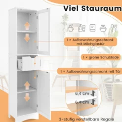 Badezimmerschrank mit 2 Türen & 1 Schublade Freistehender Hochschrank 40 x 30 x 170 cm