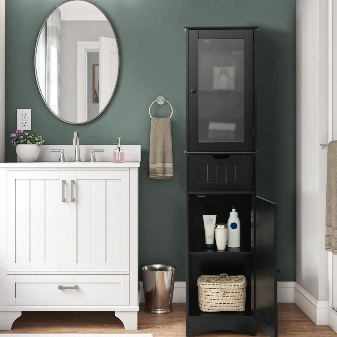 Badezimmerschrank mit 2 Türen & 1 Schublade Freistehender Hochschrank 40 x 30 x 170 cm