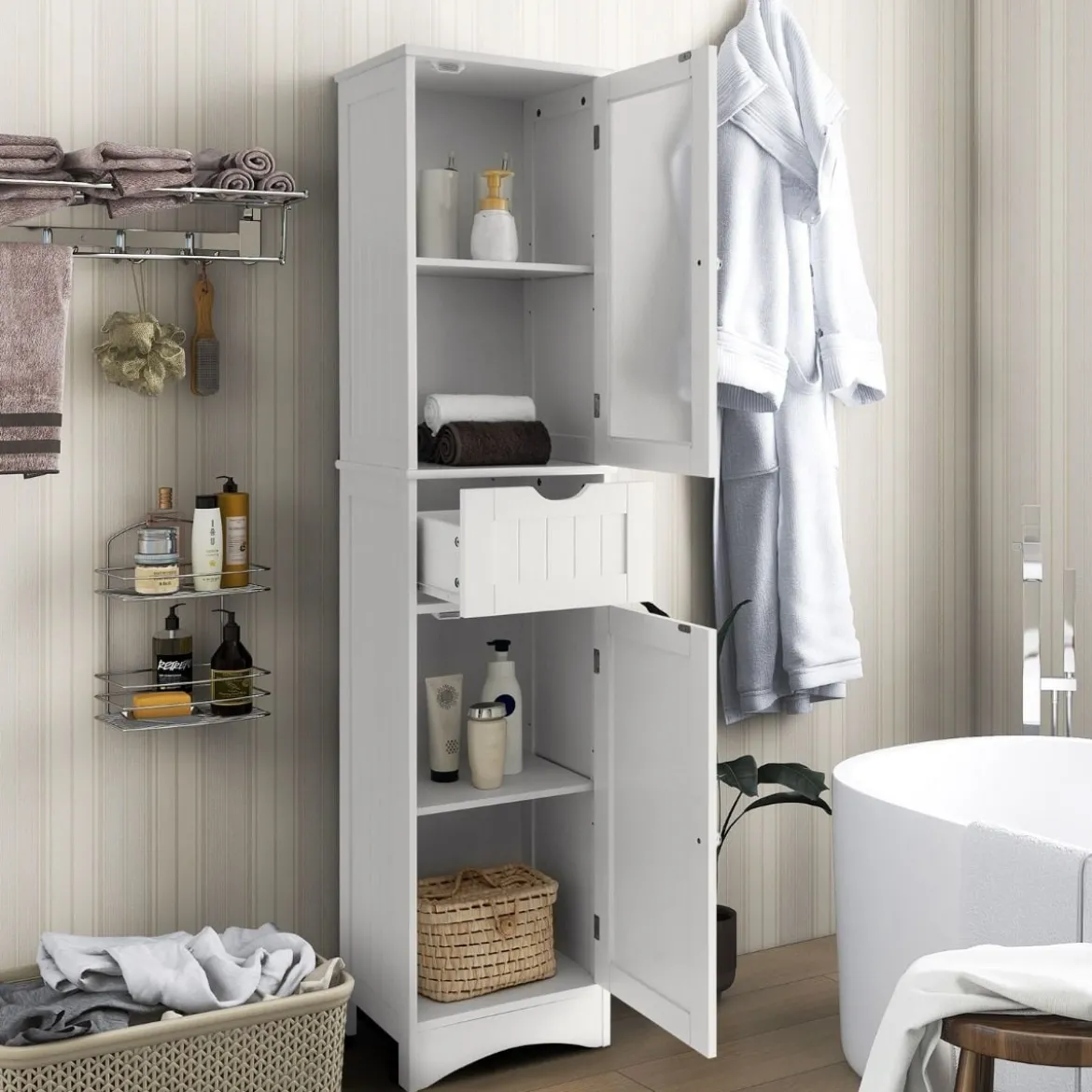 Badezimmerschrank mit 2 Türen & 1 Schublade Freistehender Hochschrank 40 x 30 x 170 cm