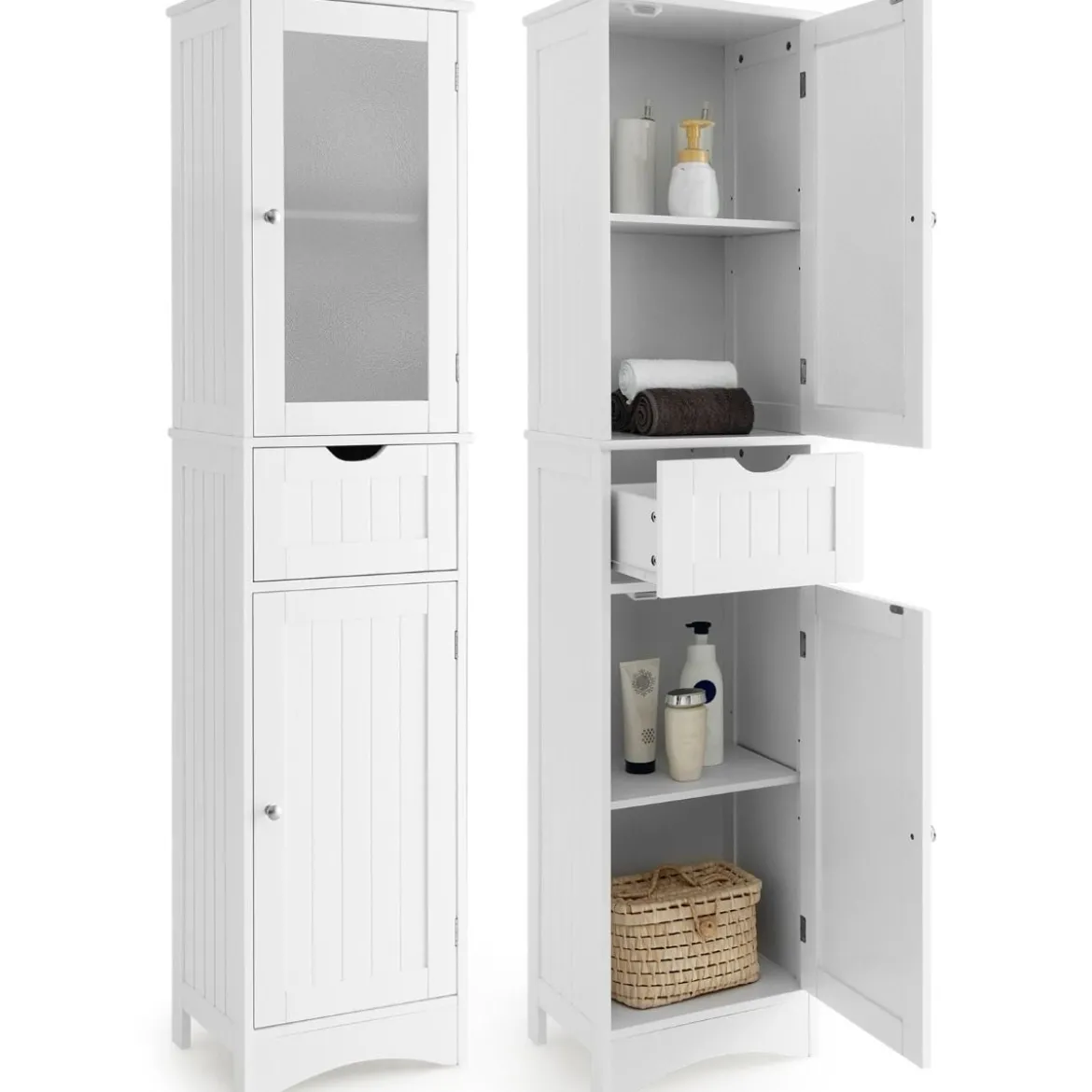 Badezimmerschrank mit 2 Türen & 1 Schublade Freistehender Hochschrank 40 x 30 x 170 cm