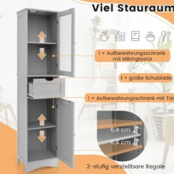 Badezimmerschrank mit 2 Türen & 1 Schublade Freistehender Hochschrank 40 x 30 x 170 cm