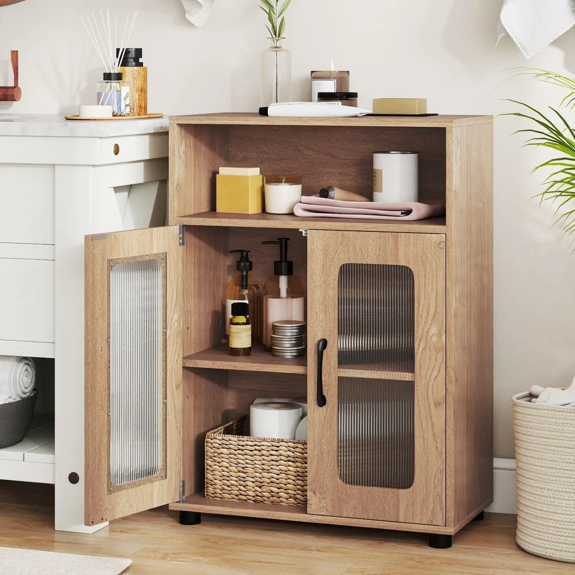 Badezimmerschrank mit 2 Türen & 3-stufig Verstellbarem Regal Freistehender Badschrank Natur