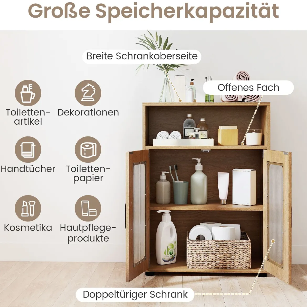 Badezimmerschrank mit 2 Türen & 3-stufig Verstellbarem Regal Freistehender Badschrank Natur