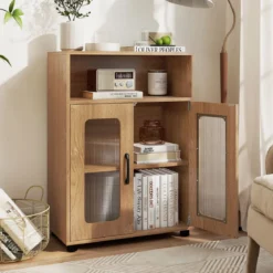 Badezimmerschrank mit 2 Türen & 3-stufig Verstellbarem Regal Freistehender Badschrank Natur