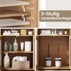Badezimmerschrank mit 2 Türen & 3-stufig Verstellbarem Regal Freistehender Badschrank Natur