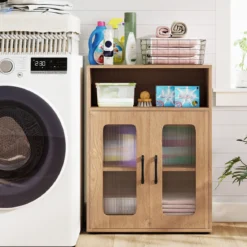 Badezimmerschrank mit 2 Türen & 3-stufig Verstellbarem Regal Freistehender Badschrank Natur