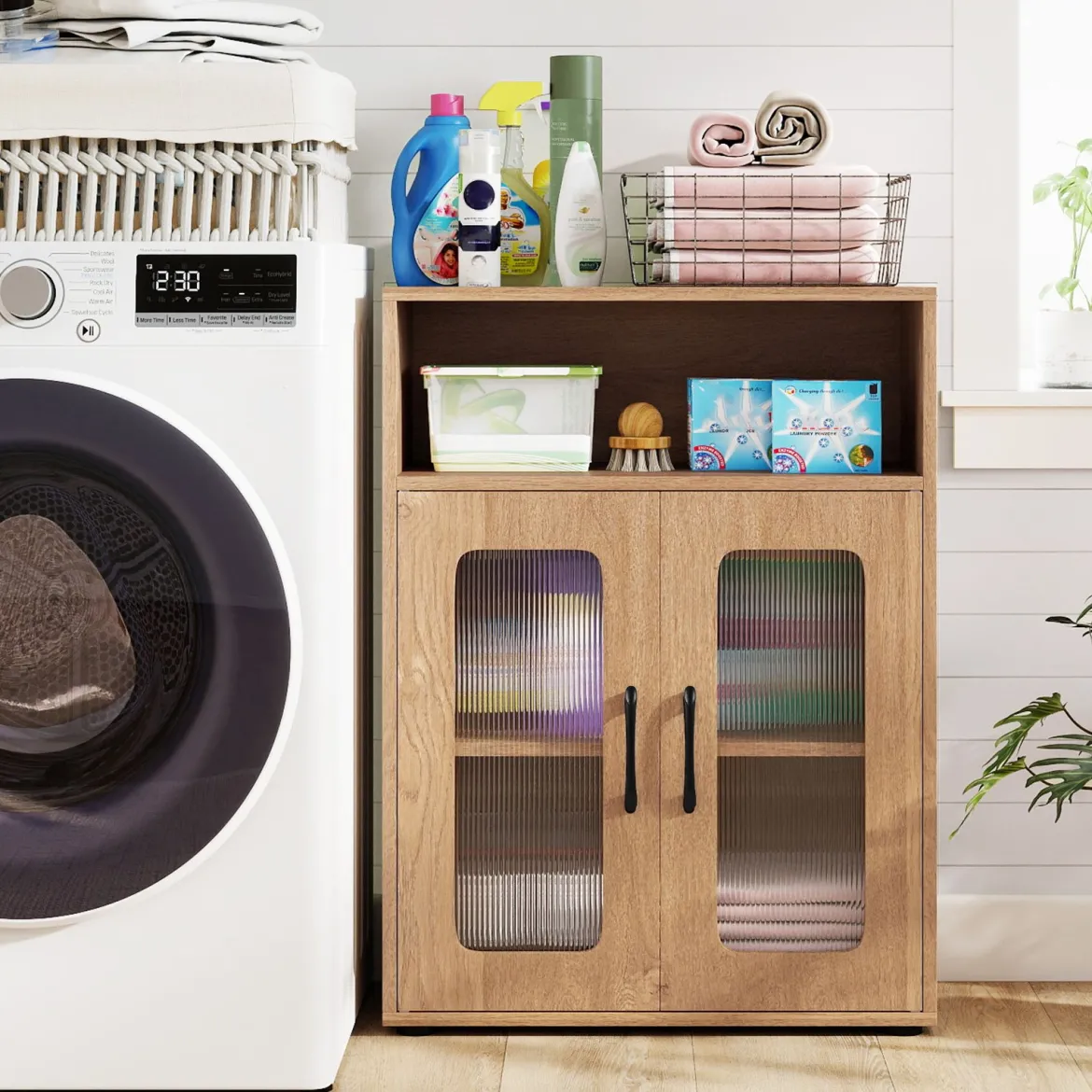 Badezimmerschrank mit 2 Türen & 3-stufig Verstellbarem Regal Freistehender Badschrank Natur