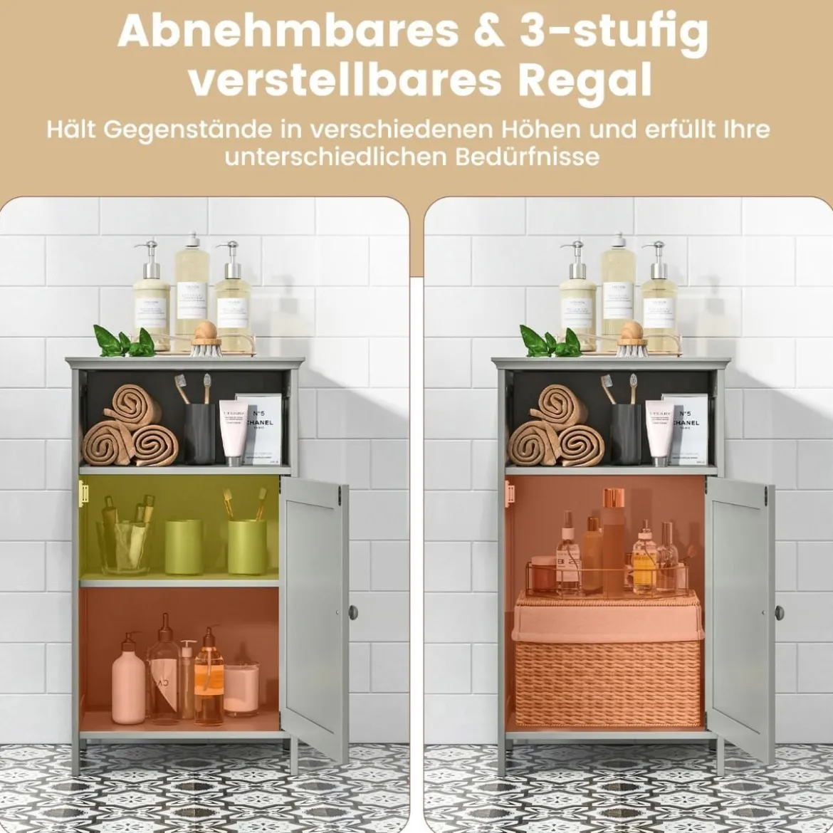 Badezimmerschrank mit Tür & Verstellbarem Regal Multifunktionales Freistehendes Regal Grau