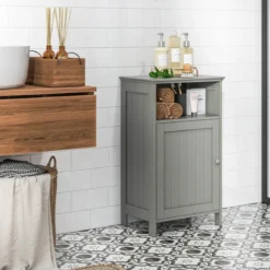 Badezimmerschrank mit Tür & Verstellbarem Regal Multifunktionales Freistehendes Regal Grau