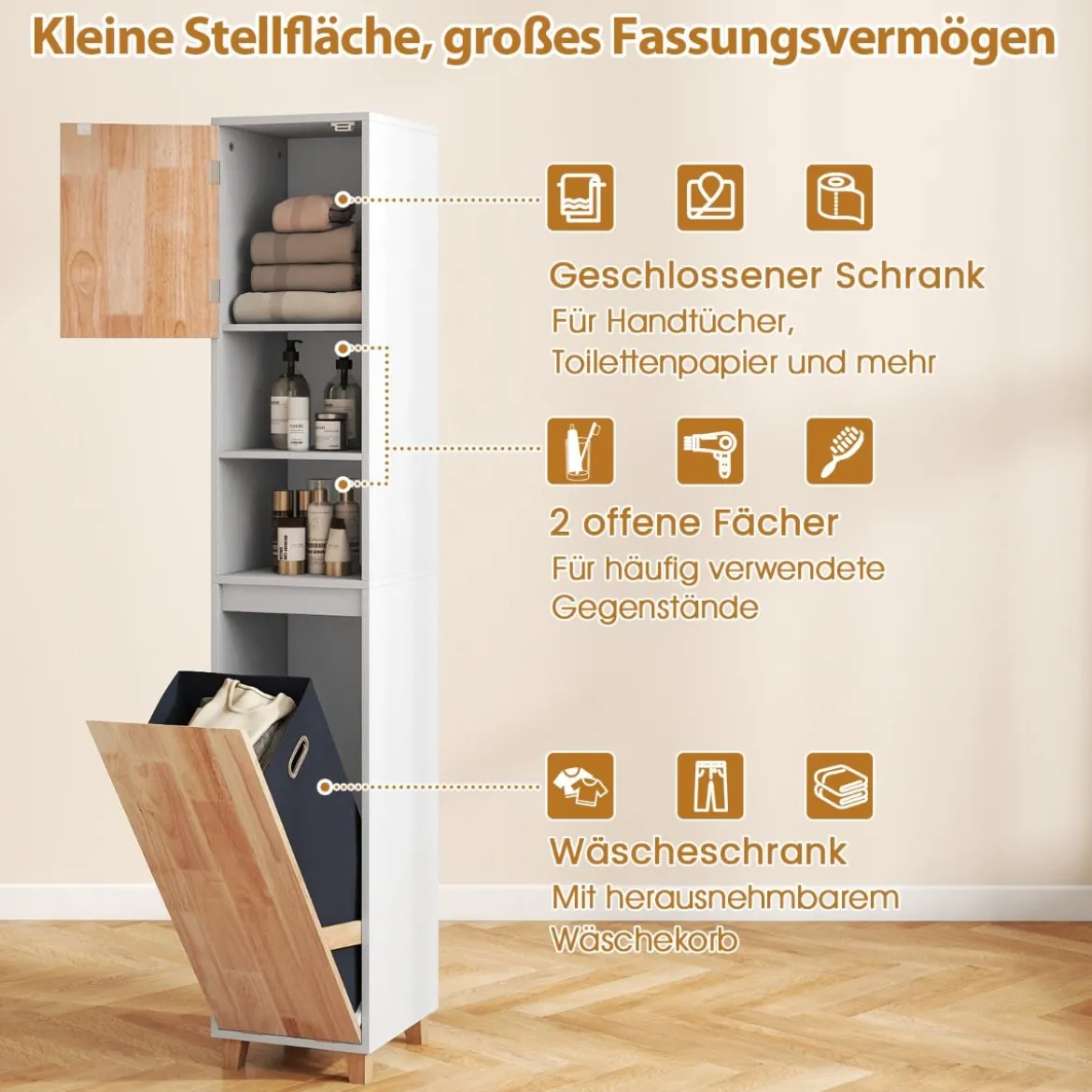 Badezimmerschrank mit Wäschekorb & 2 Offenem Fächern Holz Bad Hochschrank