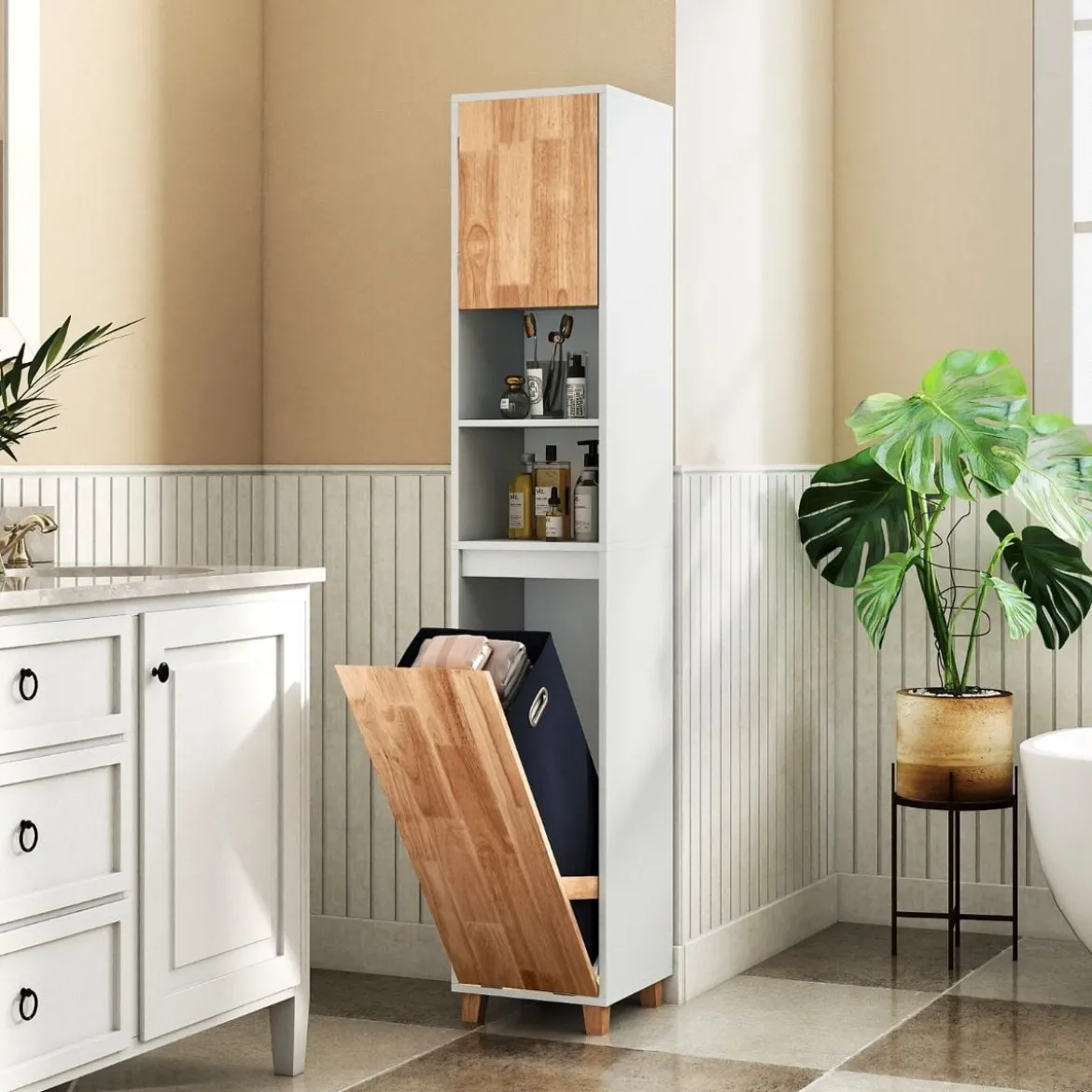 Badezimmerschrank mit Wäschekorb & 2 Offenem Fächern Holz Bad Hochschrank