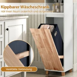 Badezimmerschrank mit Wäschekorb & 2 Offenem Fächern Holz Bad Hochschrank