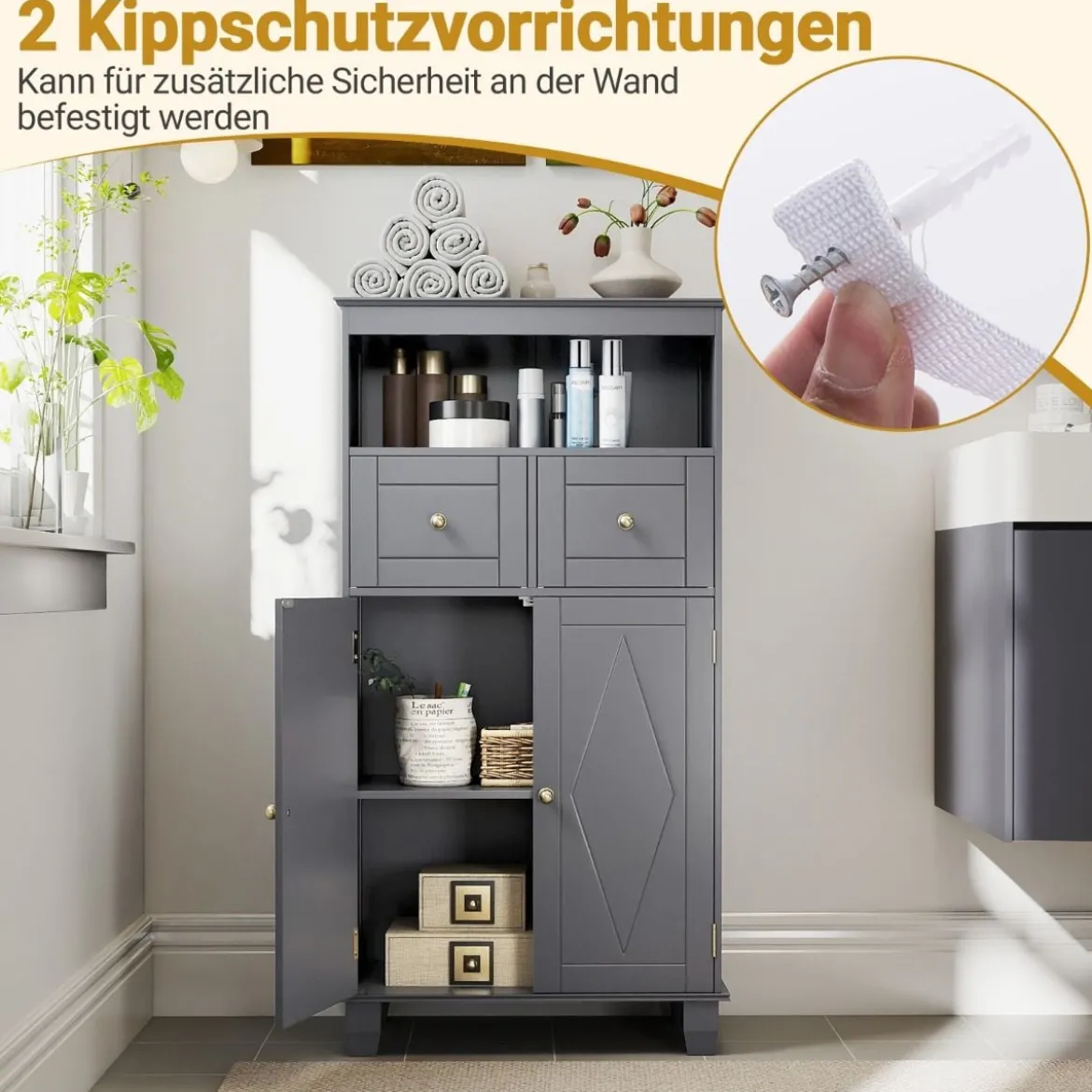 Badezimmerschrank moderner freistehender Aufbewahrungsorganizer mit Türen Grau