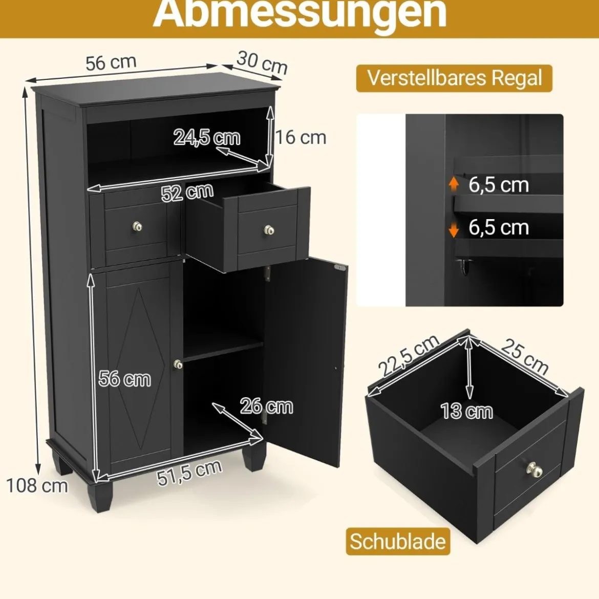 Badezimmerschrank moderner freistehender Aufbewahrungsorganizer mit Türen Schwarz