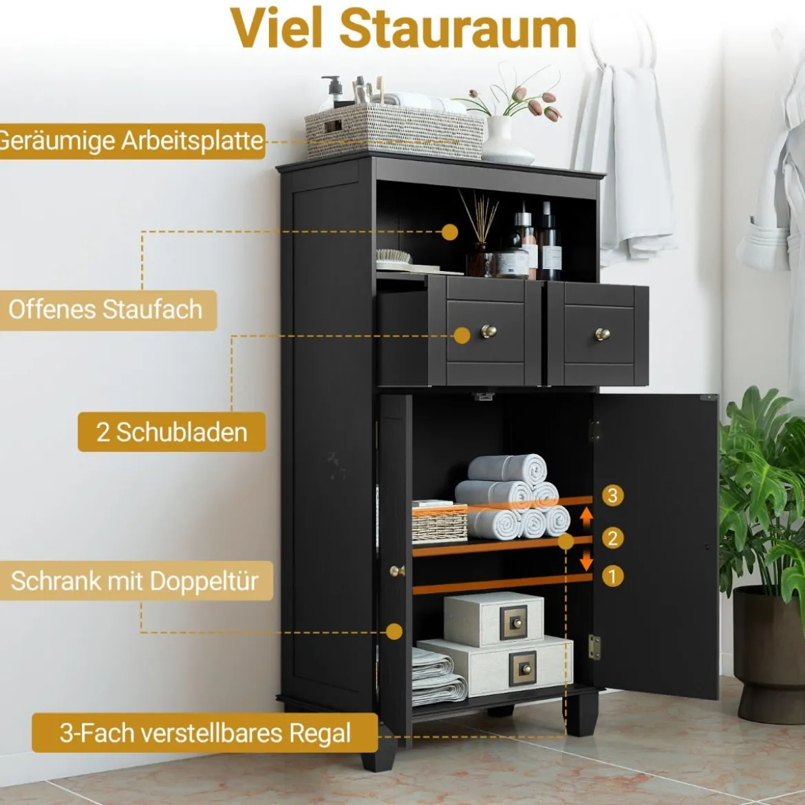 Badezimmerschrank moderner freistehender Aufbewahrungsorganizer mit Türen Schwarz