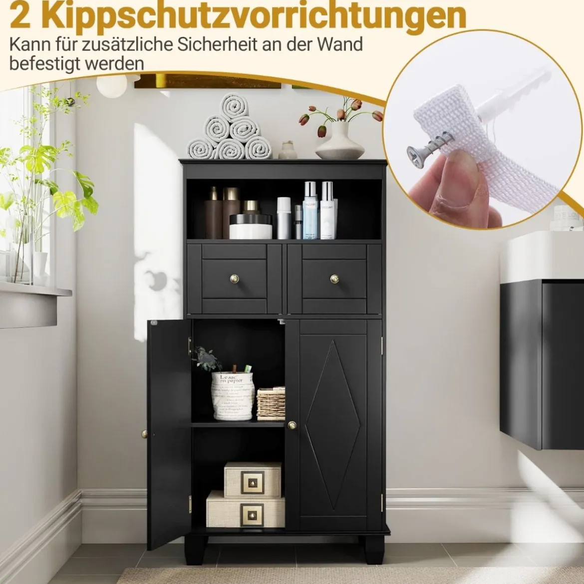 Badezimmerschrank moderner freistehender Aufbewahrungsorganizer mit Türen Schwarz
