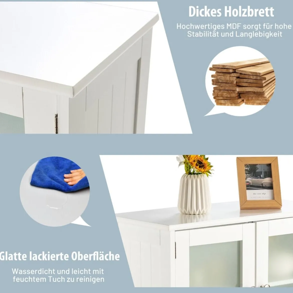 Badezimmerschrank 4-Türiger Freistehender Aufbewahrungsschrank mit Glastüren Weiß