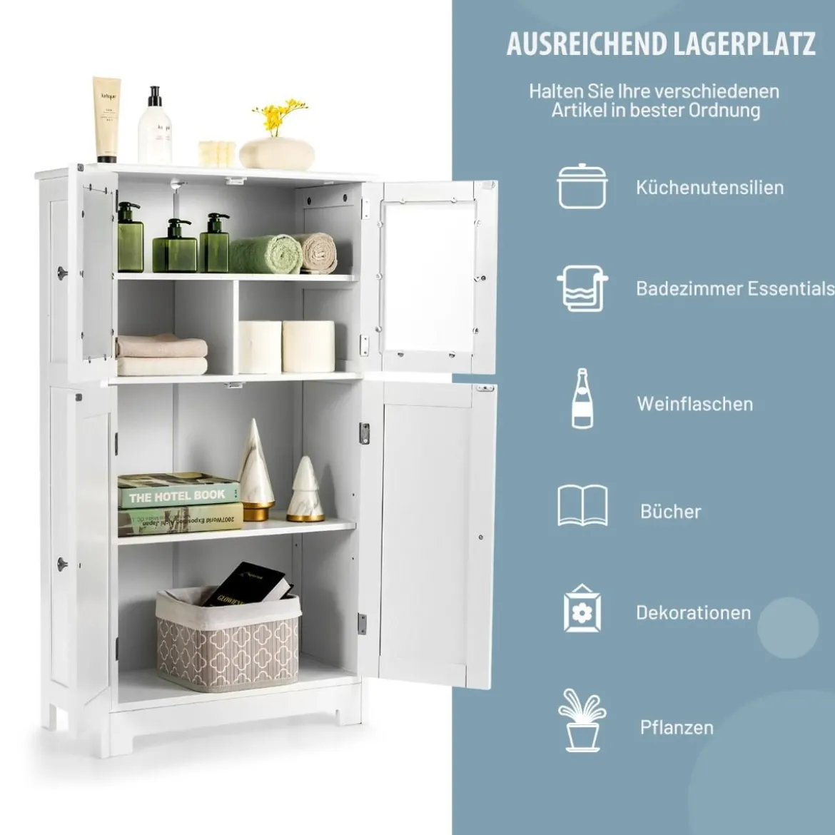 Badezimmerschrank 4-Türiger Freistehender Aufbewahrungsschrank mit Glastüren Weiß