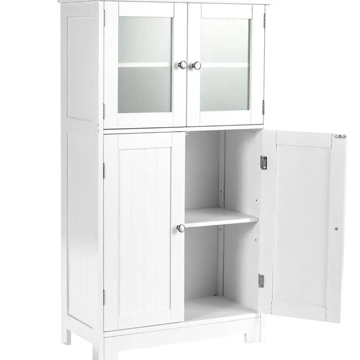 Badezimmerschrank 4-Türiger Freistehender Aufbewahrungsschrank mit Glastüren Weiß