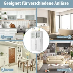 Badezimmerschrank 4-Türiger Freistehender Aufbewahrungsschrank mit Glastüren Weiß