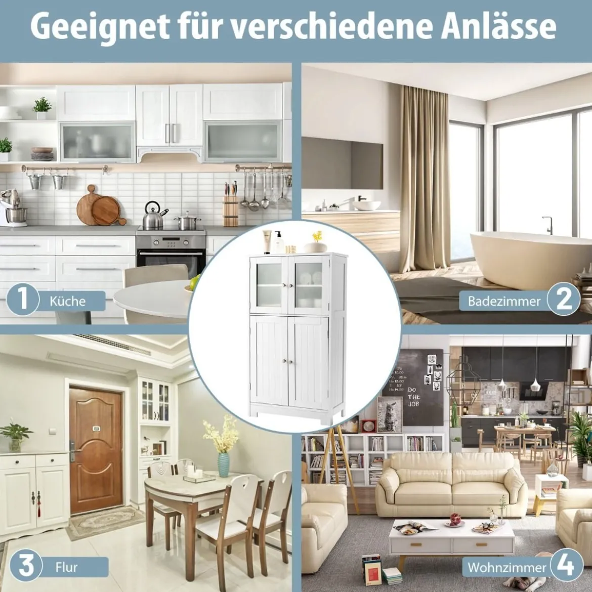 Badezimmerschrank 4-Türiger Freistehender Aufbewahrungsschrank mit Glastüren Weiß