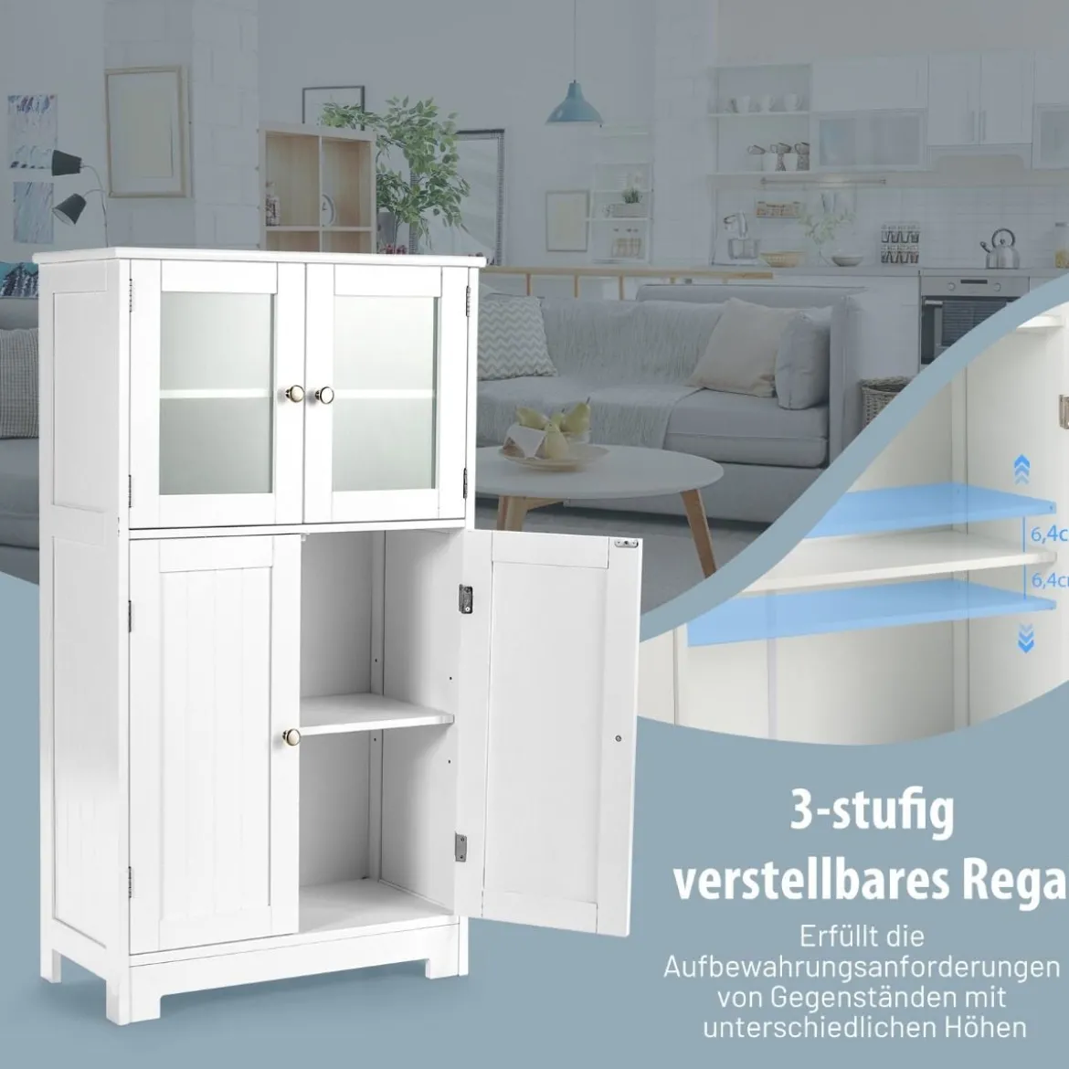 Badezimmerschrank 4-Türiger Freistehender Aufbewahrungsschrank mit Glastüren Weiß