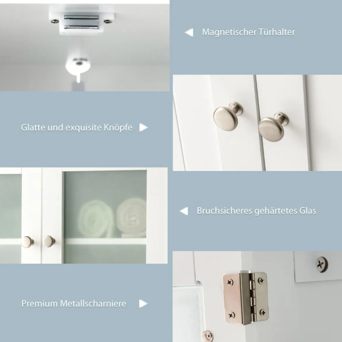 Badezimmerschrank 4-Türiger Freistehender Aufbewahrungsschrank mit Glastüren Weiß