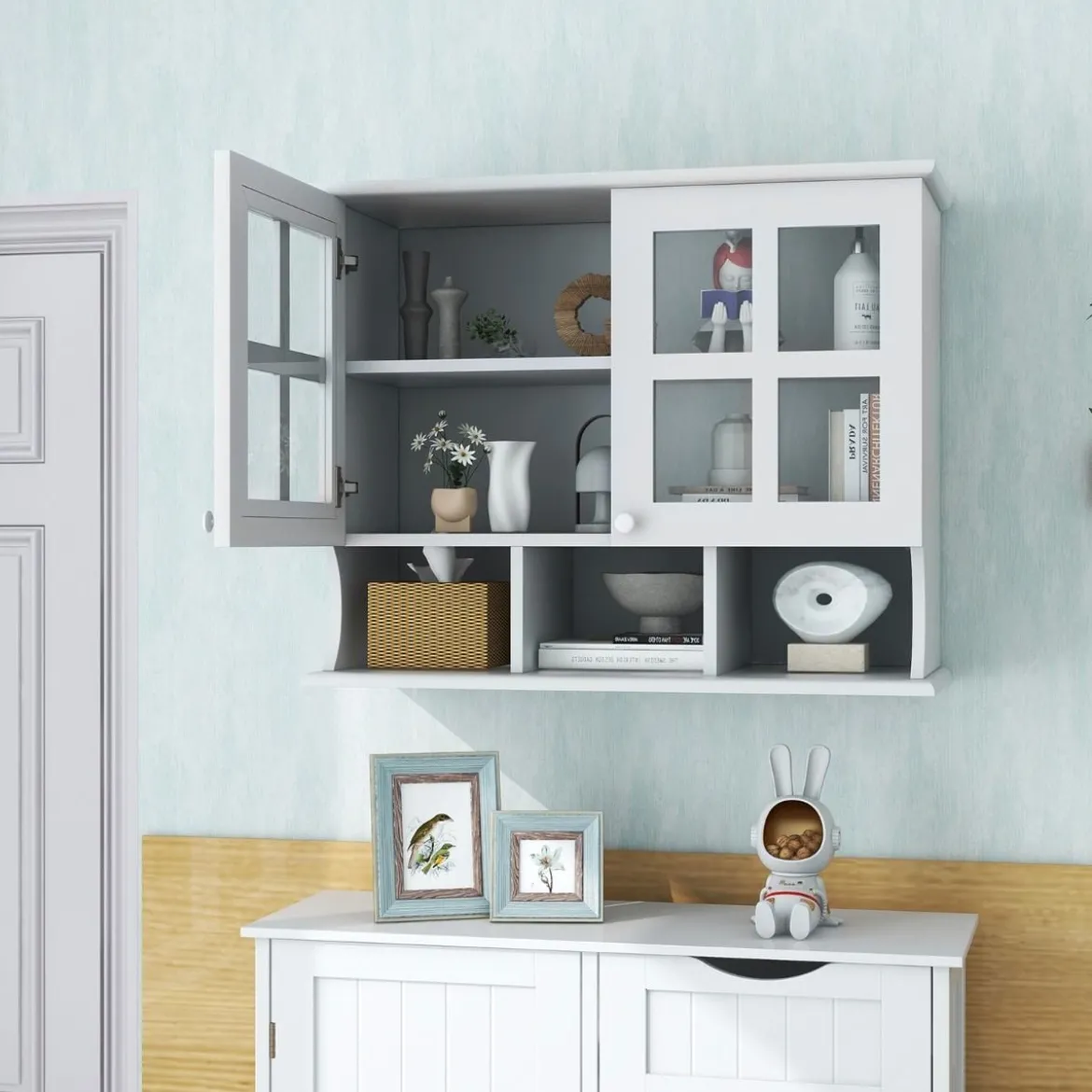 Badezimmerschrank zur Wandmontage Wandschrank mit Regalen und offenen Fächern Weiß