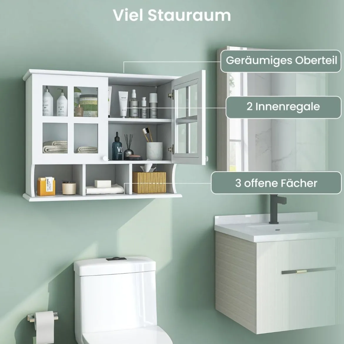 Badezimmerschrank zur Wandmontage Wandschrank mit Regalen und offenen Fächern Weiß