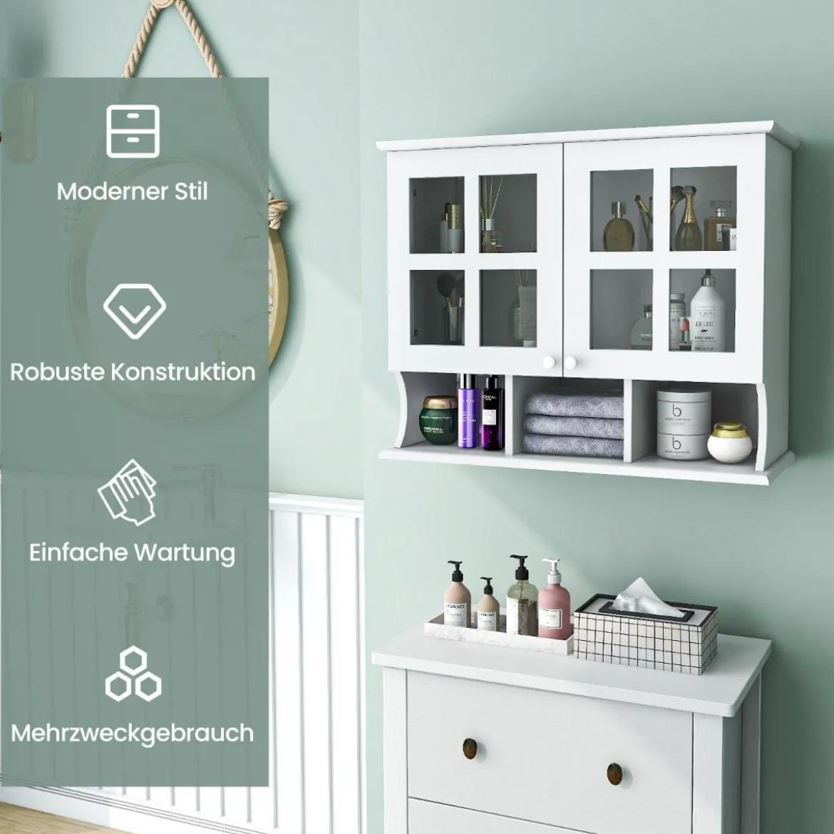 Badezimmerschrank zur Wandmontage Wandschrank mit Regalen und offenen Fächern Weiß