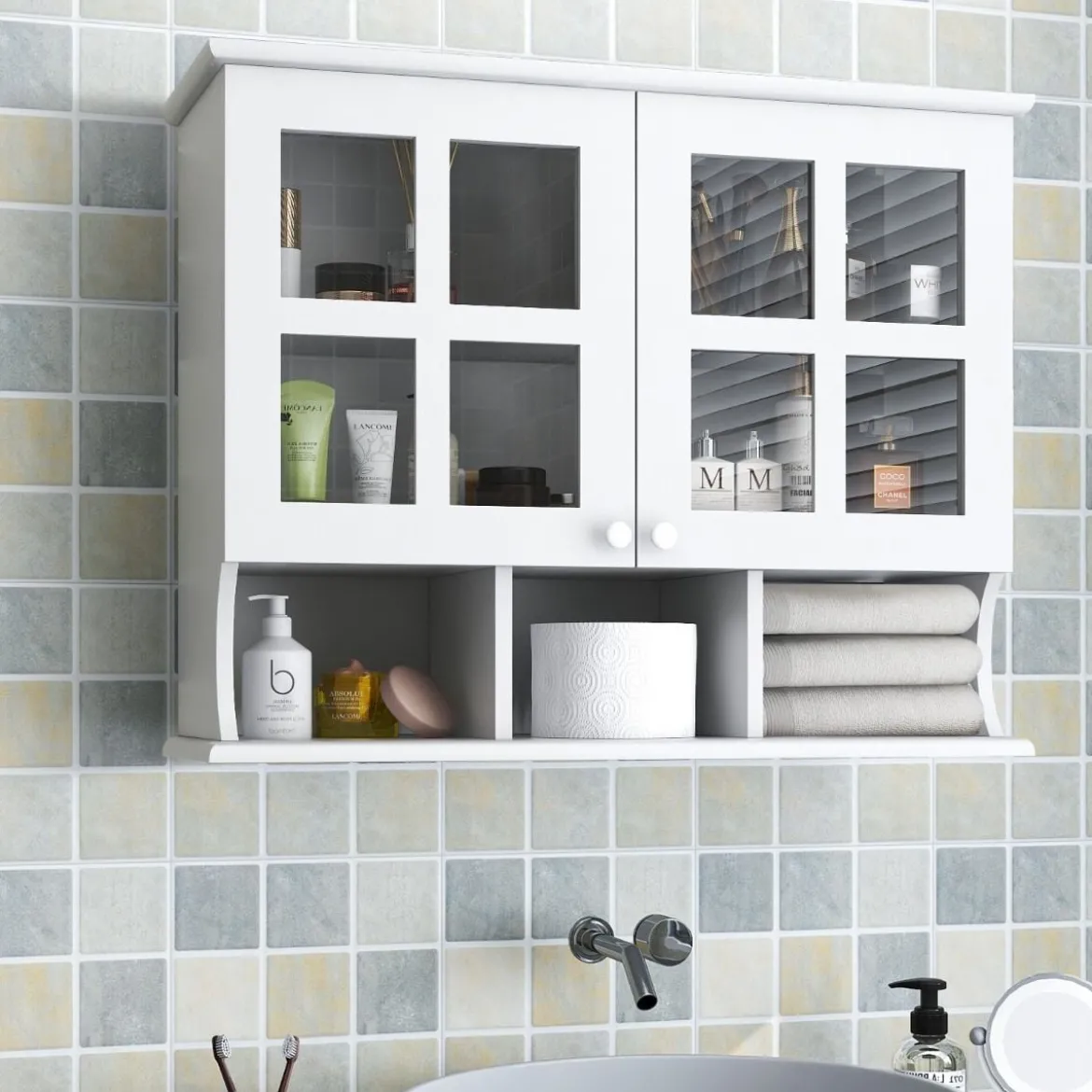 Badezimmerschrank zur Wandmontage Wandschrank mit Regalen und offenen Fächern Weiß