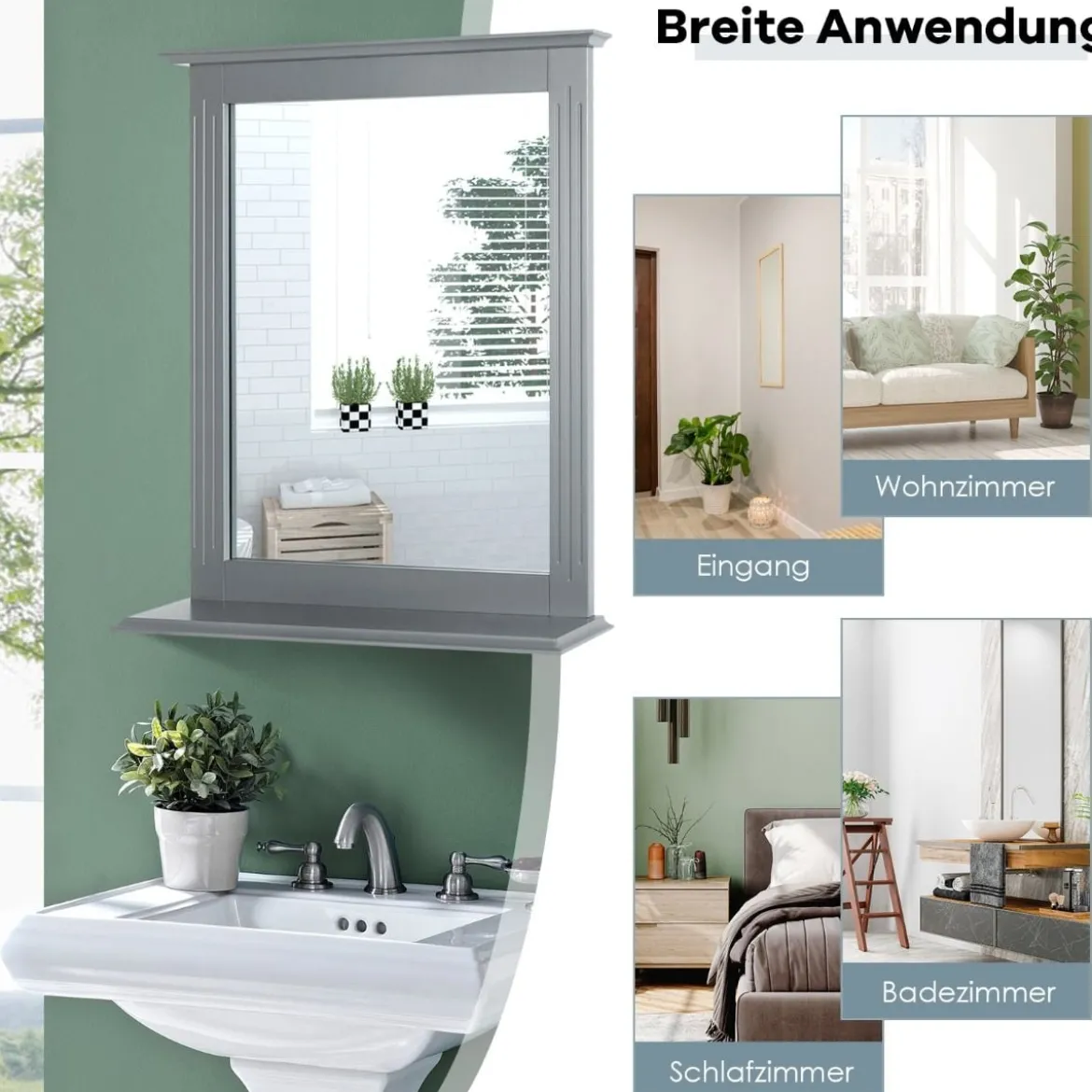 Badezimmerspiegel mit Ablage Rechteckiger Badspiegel Wandspiegel 68,5 x 57 x 12 cm Grau