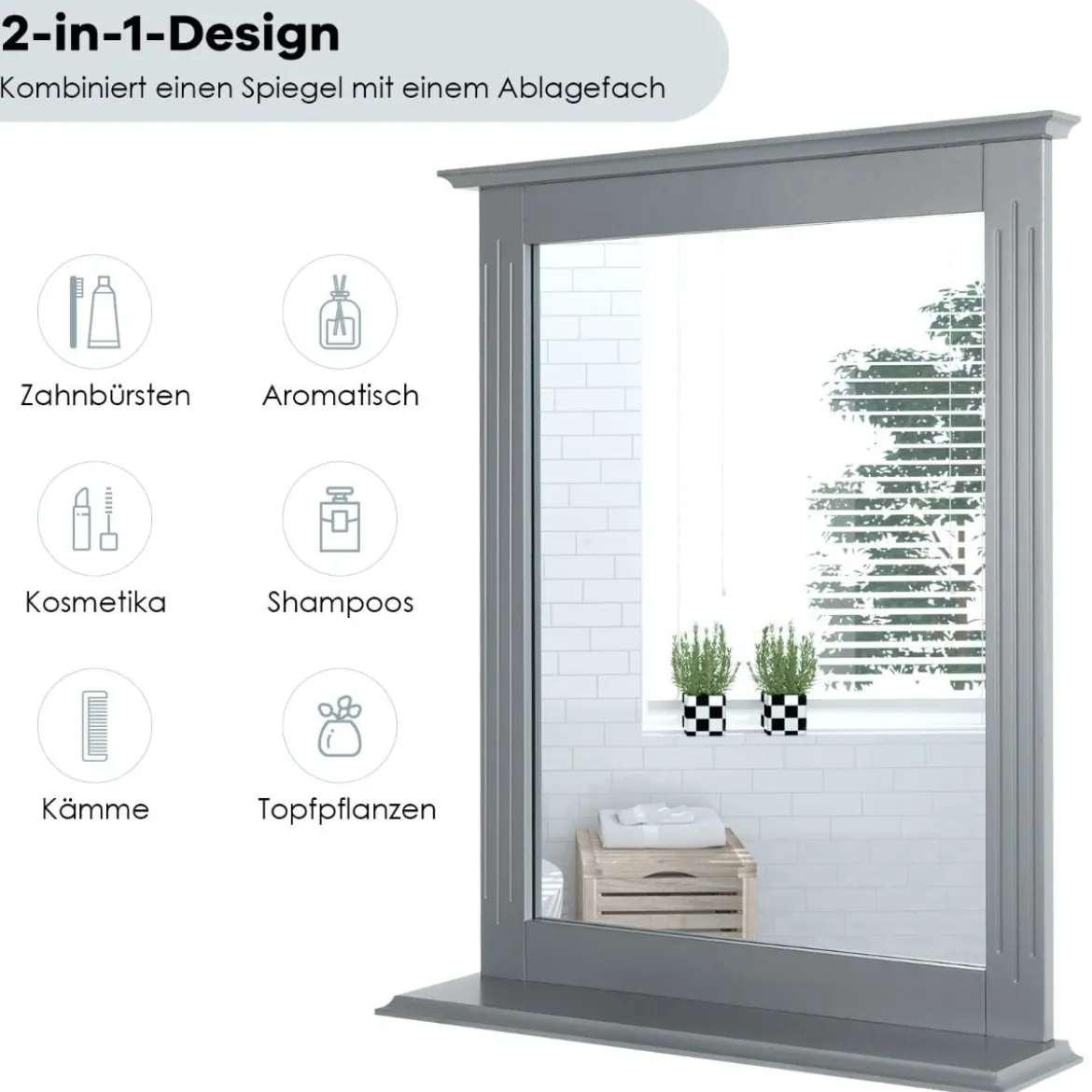 Badezimmerspiegel mit Ablage Rechteckiger Badspiegel Wandspiegel 68,5 x 57 x 12 cm Grau