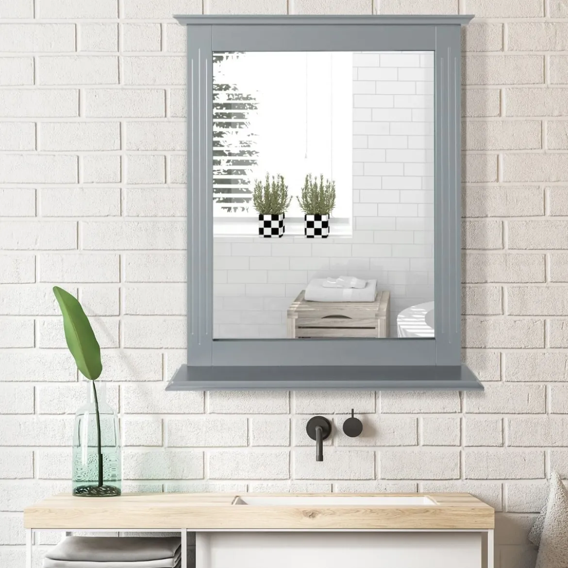Badezimmerspiegel mit Ablage Rechteckiger Badspiegel Wandspiegel 68,5 x 57 x 12 cm Grau