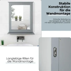 Badezimmerspiegel mit Ablage Rechteckiger Badspiegel Wandspiegel 68,5 x 57 x 12 cm Grau