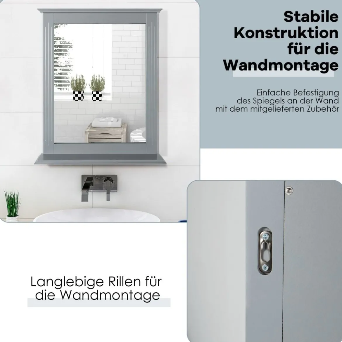 Badezimmerspiegel mit Ablage Rechteckiger Badspiegel Wandspiegel 68,5 x 57 x 12 cm Grau
