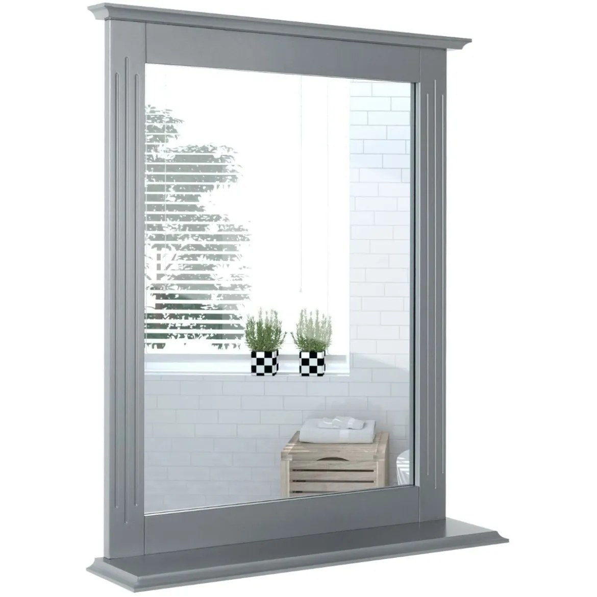 Badezimmerspiegel mit Ablage Rechteckiger Badspiegel Wandspiegel 68,5 x 57 x 12 cm Grau