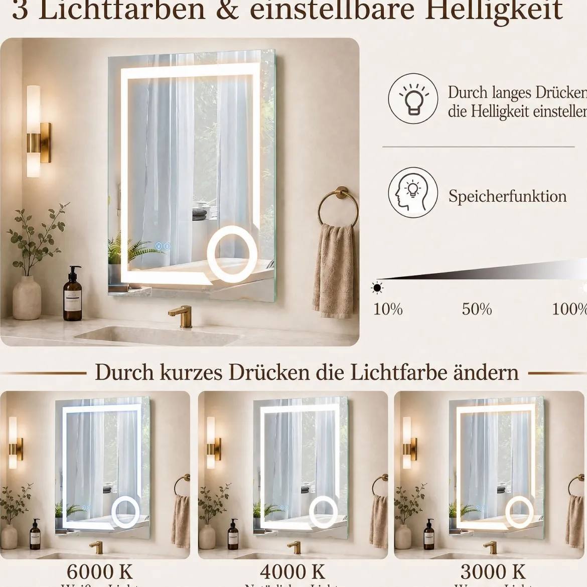 Badezimmerspiegel mit Beleuchtung Anti-Beschlag & 3-fach-Vergrößerungsspiegel 70 x 50 cm Silber