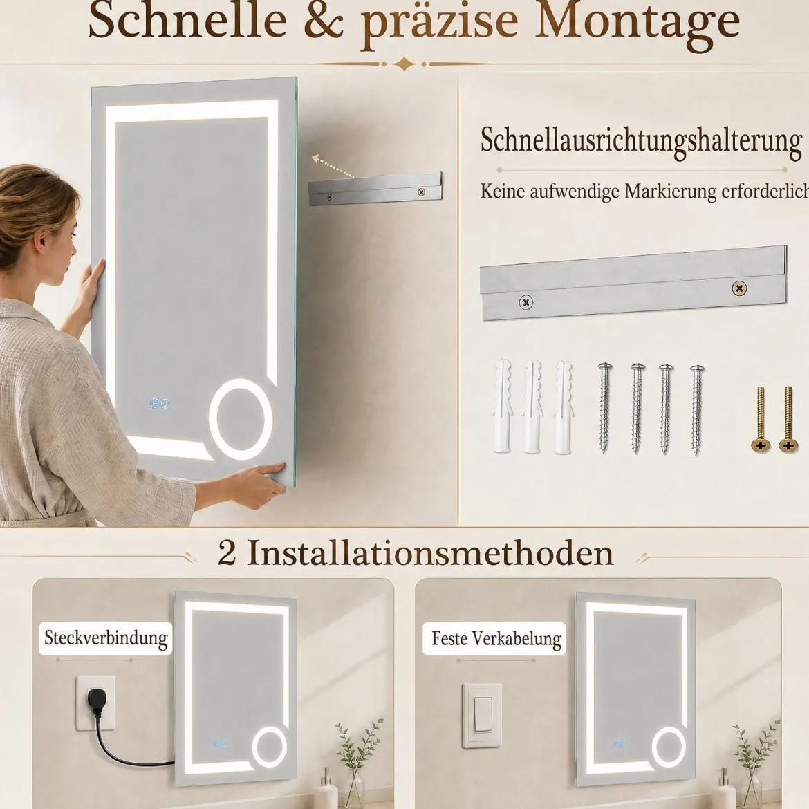 Badezimmerspiegel mit Beleuchtung Anti-Beschlag & 3-fach-Vergrößerungsspiegel 70 x 50 cm Silber