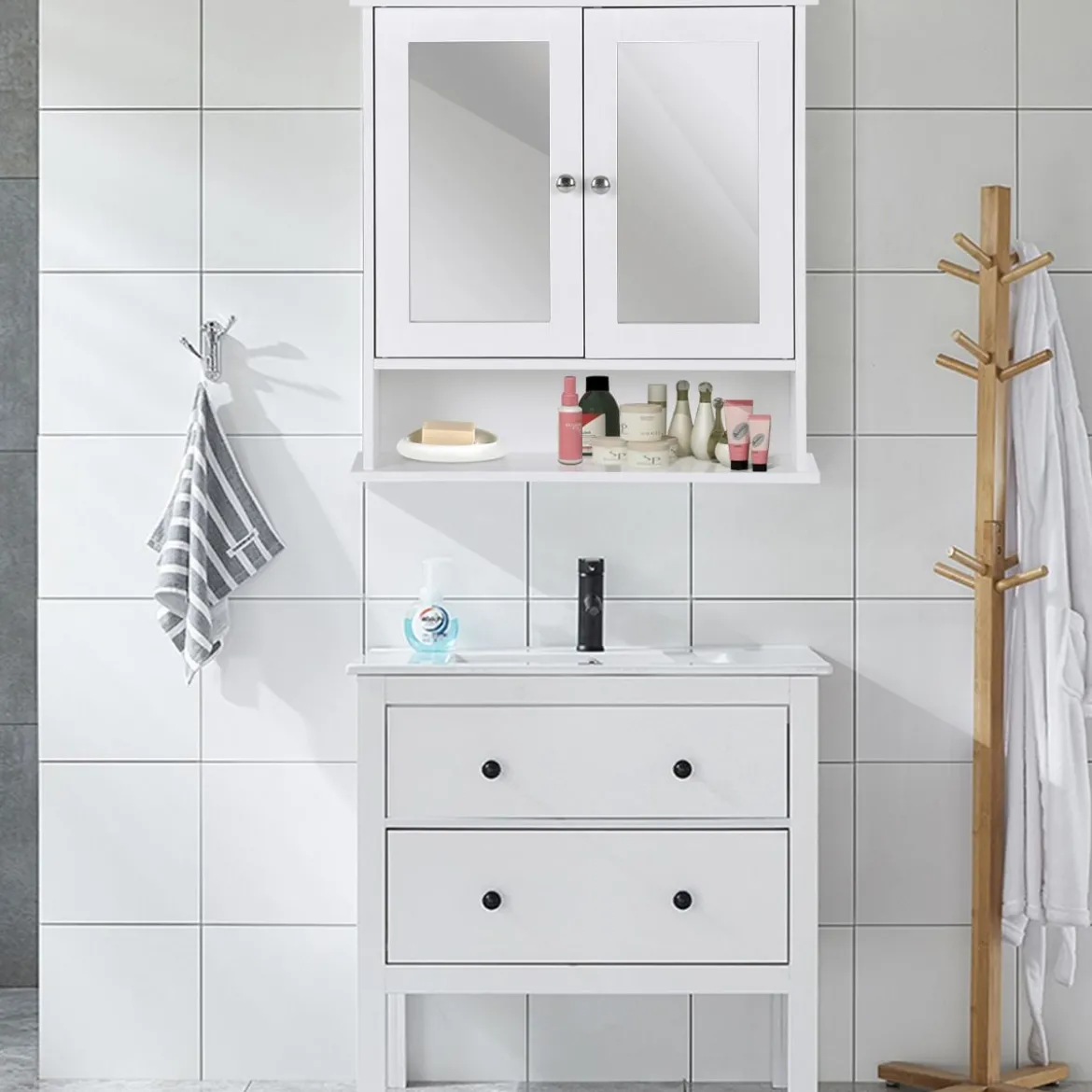Badezimmer Spiegelschrank mit Höhenverstellbarer Ablage Badschrank mit Spiegel Weiß