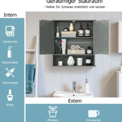 Badezimmer Spiegelschrank mit Höhenverstellbarer Ablage Badschrank mit Spiegel Grau