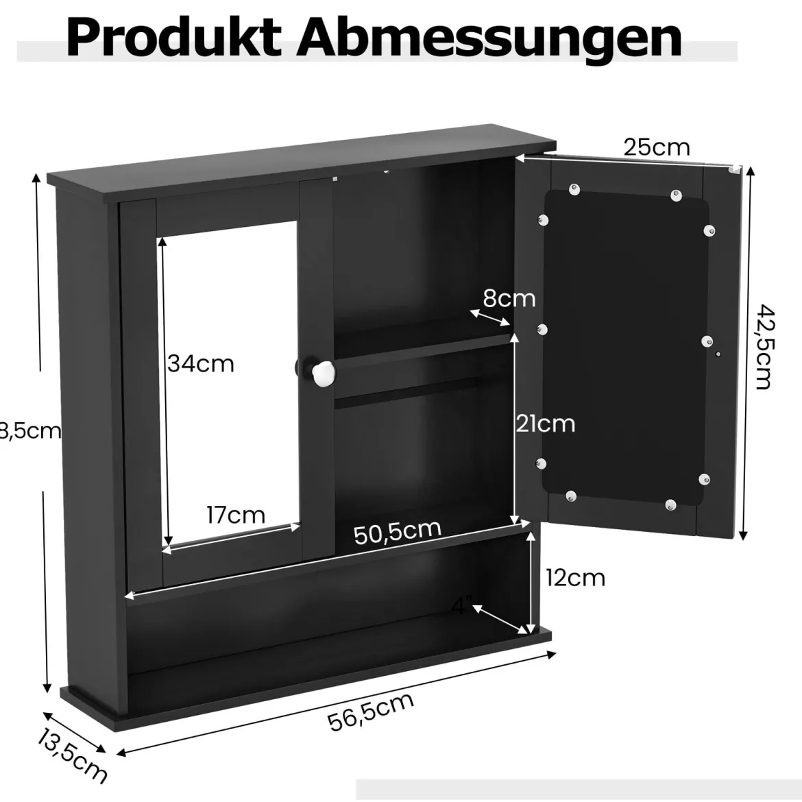 Badezimmer Spiegelschrank mit Höhenverstellbarer Ablage Badschrank mit Spiegel Schwarz