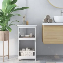 Badezimmer Standschrank mit Offener Ablage & Anti-Kipp-Vorrichtung Schmaler Seitenschrank Weiß