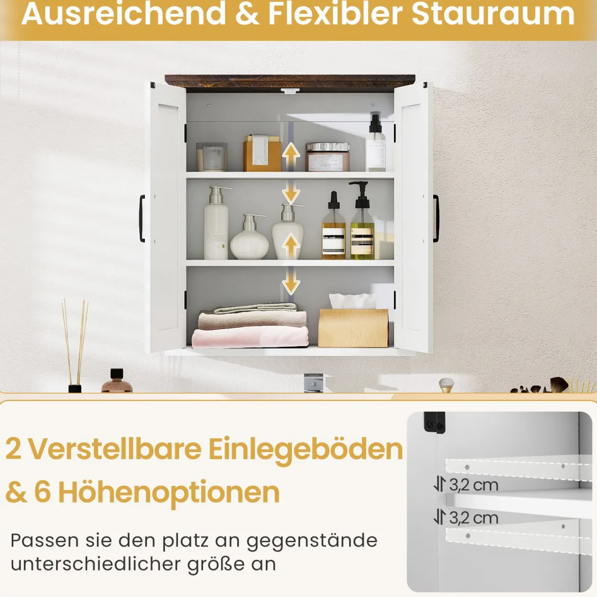 Badezimmer Wandschrank mit 2 Türen & Verstellbaren Regalen Bauernhaus Hängeschrank Weiß