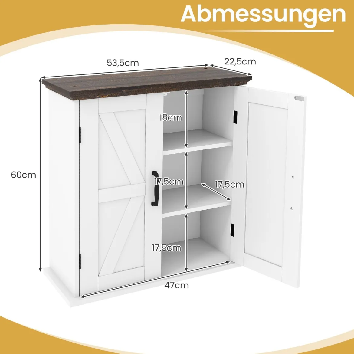 Badezimmer Wandschrank mit 2 Türen & Verstellbaren Regalen Bauernhaus Hängeschrank Weiß