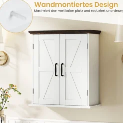 Badezimmer Wandschrank mit 2 Türen & Verstellbaren Regalen Bauernhaus Hängeschrank Weiß