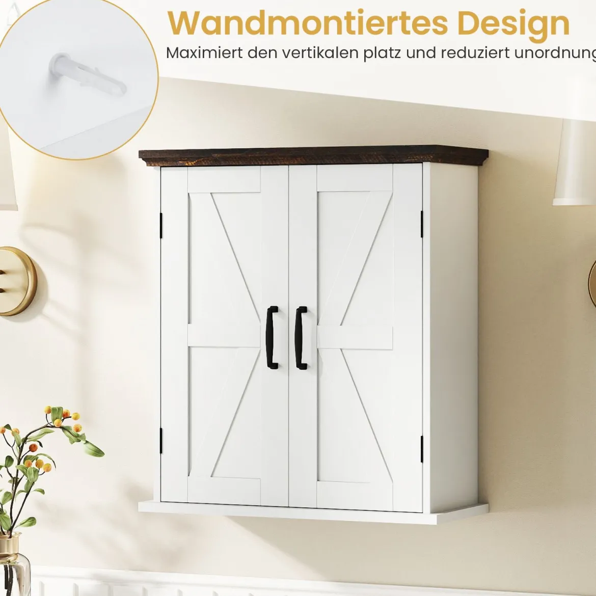 Badezimmer Wandschrank mit 2 Türen & Verstellbaren Regalen Bauernhaus Hängeschrank Weiß